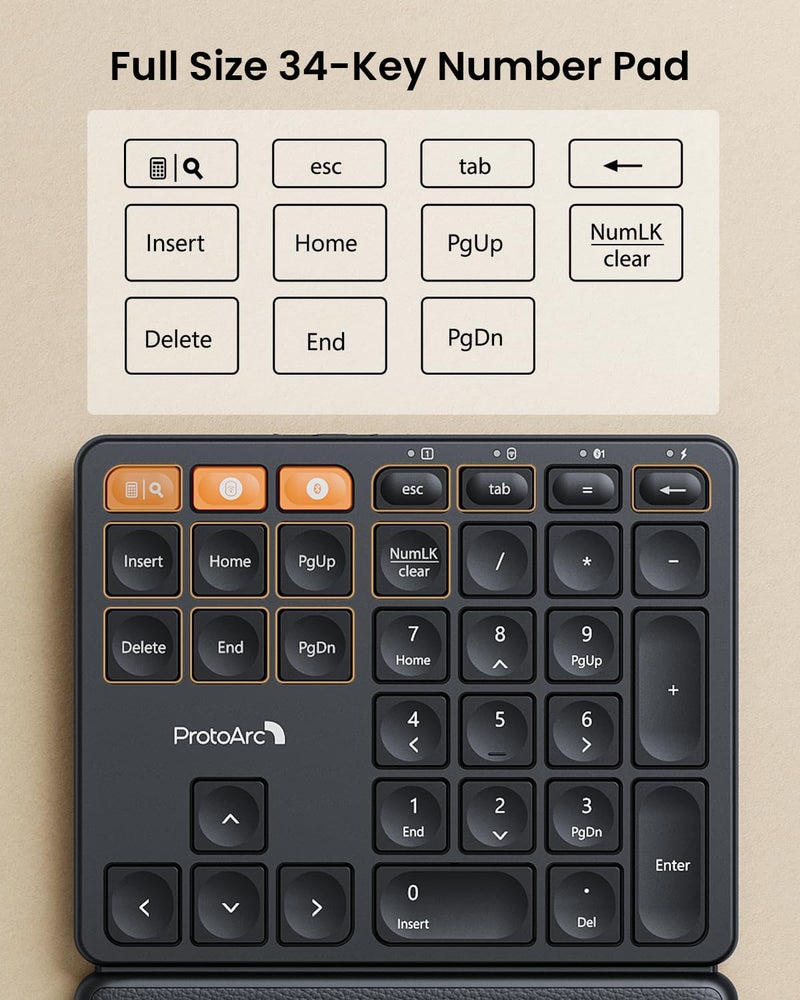 ProtoArc Wireless Number Pad, EK04 N Ergonomic Numeric Keypad with Wrist Rest, Bluetooth and USB, Rechargeable, for Windows PC/Laptop, Mac OS - Image 5